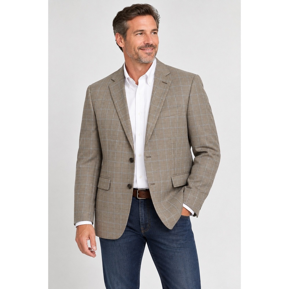 Lands End Mens 46R Regular Fit Glen Plaid Wool Blend Blazer Sport Coat Brown